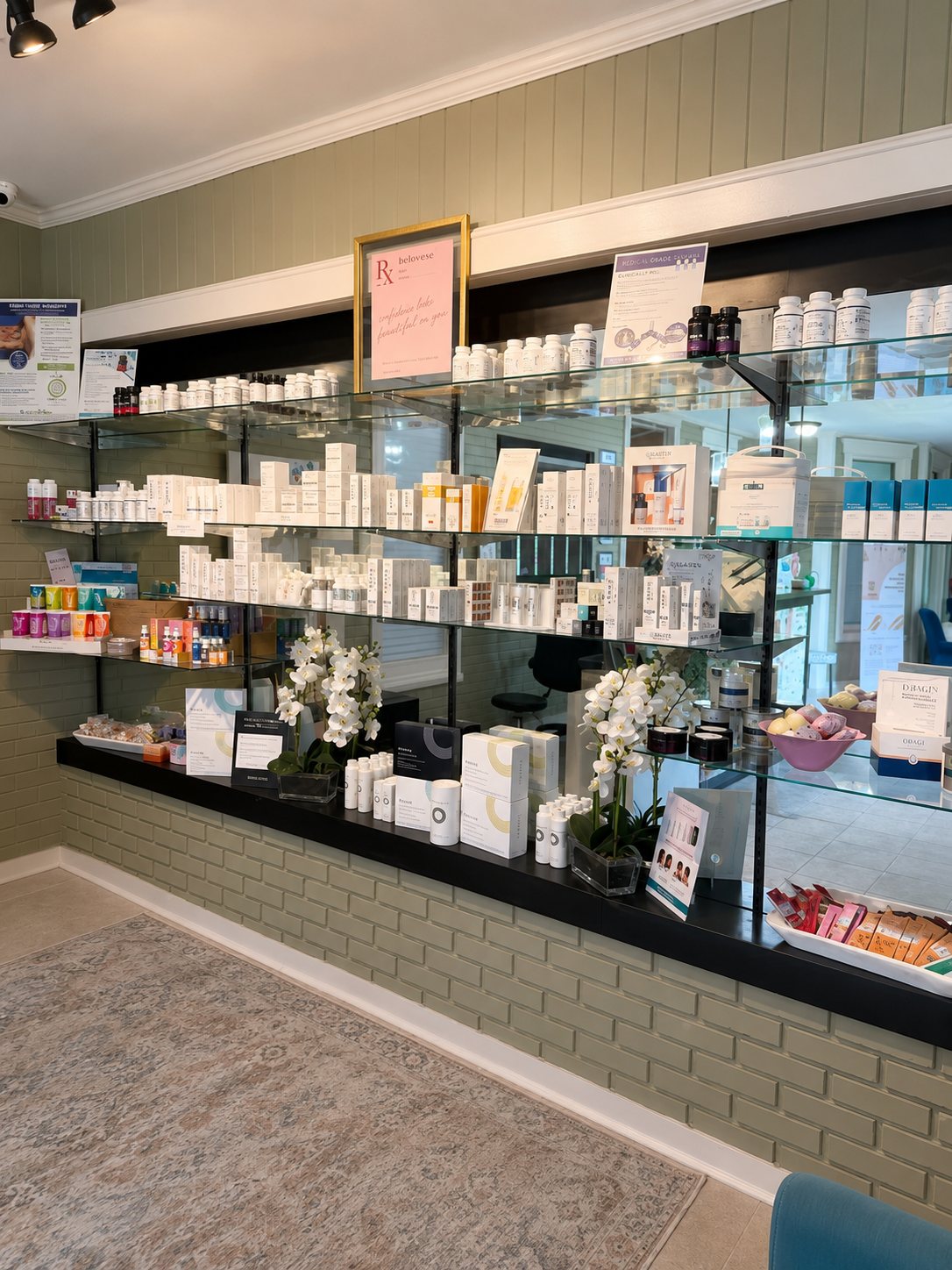 The Obagi and medical-grade skincare display at Belovese Med Spa